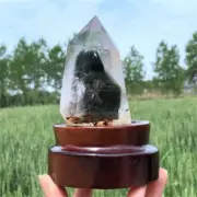 360g Natural Phantom Ghost Quartz Obelisk Quartz Cystal Point Wand Tower + Stand