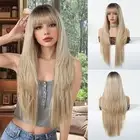 Ombre Blonde Synthetic Wig with Bangs Glueless Long Straight Layered Wigs for...