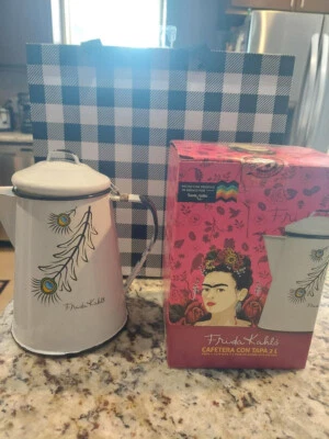 NEW! Frida Kahlo Enamel Coffee Pot Kettle 2L Peacock Feathers