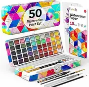 [Funcils] Watercolor Paint Set - 50 Travel Watercolors Set - Water Colors Paint for Adult, Kids, Beginners, Professional Artists | Watercolor Palette with Paper, Brush, Pen | Art Supplies for Adults