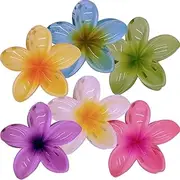 Keepzi 6 Pack Large Hawaii Flower Claw Hair Clips for Thick Hair, Hawaiian Summer Plumeria Claw Hair Clip for Women, Cute Beach Tropical Flowers Flat Hairclip - Yellow Pink Blue Green White Purple