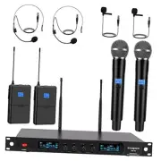 4-Channel Wireless Microphone System, Quad UHF Metal Cordless Mic, 2 Handheld