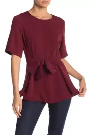 $109 Nine West Women'S Red Crew Neck Short Sleeves Tie Front Blouse Top Size Xs