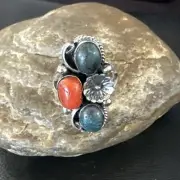 Multicolor Ring Turquoise Coral Navajo Sterling Silver Cluster Size 10 19192