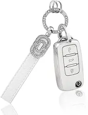 CARFIB Fit for VW Key Fob Cover with Cute Bling Key Chain Holder Compatible with Volkswagen Jetta Beetle Tiguan Passat Golf Accessories 3 Button Smart Key Case Shell Girly TPU Gold