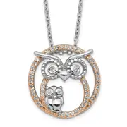 Sterling Silver Cheryl M Rhodium-Plated And Rose Gold-Plated Brilliant-Cut Cz Owls Circle 18.25 Inch Necklace