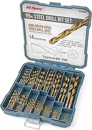 [Hi-Spec] 99pc Complete HSS Mixed Drill Bit Set. 1 to 10mm Titanium Coated High Speed Steel Drill Bits for Metal, Wood & Plastic. All in a Box Case