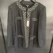 Misook Black Open Front Pearlescent Stud Detail Frt Clasp Knit Jacket Size L. Z2
