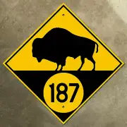 Manitoba provincial highway 187 route marker road sign Canada 1926 bison buffalo