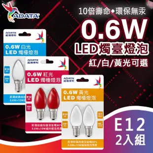 【ADATA 威剛】0.6W LED 燭檯燈泡 2入 E12接頭 環保無汞 省電 神明燈(符合CNS國家標準 節能 省電)