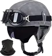 Vintage Leather Motorcycle Retro Half Hel-Met Men Women Adult for Scooter Bike Cruiser with Goggles and Drop Down Sun Lens DOT Approved