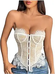 [azrian] Women's Front Button Lace Corset Bow Tops Crop Tops Party Mesh Sexy Tube Tops Bustier Y2K Fall Fashion 2024, Beige, Medium, beige, M