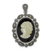 Silver Antiqued Marcasite Black Agate & MOP White Cameo Pendant QC9200