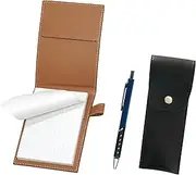 LS022PM-BRSB-SI2067BP-L Recycled Cowhide Mini Notebook Cover Mocha with Round Button Pen Case Black Metal Color Ballpoint Pen Blue