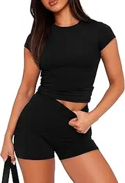 [Dassdill] Workout Sets for Women 2 Piece Outfits Ribbed Sports Bra Crop Tank High Waist Yoga Shorts Leggings Exercise Set