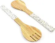 [Jungle Culture] Large Bamboo Salad Servers • Natural Wood Tongs with White Terrazzo Style Handles • Fruit & Wooden Salad Bowl Tableware • Eco Friendly Serving Utensils • Spoon & Fork Cutlery Set