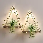 RICHER HOUSE Artificial Ivy LED-Strip Wall Hanging Shelves Set of 2, Macrame Shelf for Bedroom Bathroom Living Room Kitchen, Wood Hanging Plant Shelves for Wall Décor