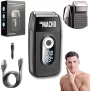 Shaver The Macho 2.0, Compact Face Shaver Sideburn Trimming Portable Men’s Travel Facial Hair Groomer, USB-C Rechargeable Electric Razor, Waterproof, Cordless, Foil Blades 3-Phase Intensity Control