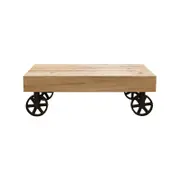 Ethan 120cm Coffee Table Trolley Wheel Veneer Solid Oak Top Metal Leg - Natural
