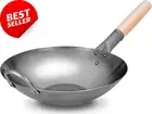 Flat Hand Hammered Carbon Steel Pow Wok with Wooden and Steel Helper Handle