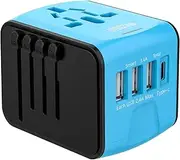 Disgian Travel Adapter, Universal International Power Adapter with 3USB Port and Type-C International Wall Charger Worldwide AC Power Plug for Multi-Nation Travel UK, EU, AU Over 200 Countries (Blue)