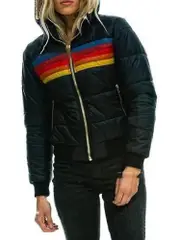 Womens Rainbow Zip-up Winter Down Casual Striped Hooded Puffer Coat Black M