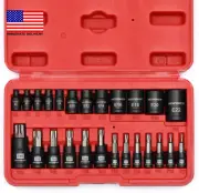 25 Piece Torx Bit and Socket Set, 13 Star Bits (T8- T60) & 12 E-Torx Sockets (E4