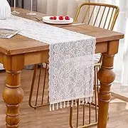 Tosleo Vintage White Lace Table Runner with Tassels Exquisite Lace Fabric with Flower Embroidered Table Runners Perfect for Rustic Chic Wedding Reception Table Decor Boho Party Decor 12 X 120 inch