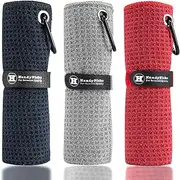Handy Picks Microfiber Golf Towel (16" X 16") with Carabiner Clip, Waffle Pattern Hook and Loop Fastener - The Convenient Golf Cleaning Towel Black/Grey/Red