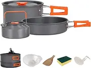Camping Cookware Outdoor Kitchen Set, Aluminum Portable Kettle Pots and Pans for Camping Hiking and Picnic with Spoon, Bowls, Spatula and Cleaning Sponge for Camping Outdoor Backpacking Hiking