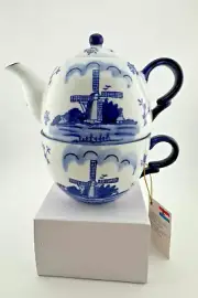 DELFT Holland for One Teapot and Cup Set in White and Blue Windmill Design