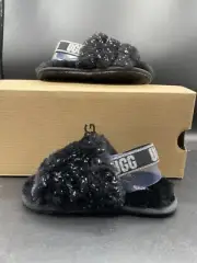 New TODDLER UGG Size 7 Fluff Yeah Slide Metallic Sparkle Slipper Black 1125376T