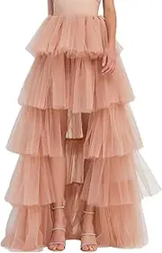 [GPLOPEEY] Women's Long Skirt High Waist Layered Solid Color Tulle Cake Skirt for Wedding Party Club, Light Brown, One Size