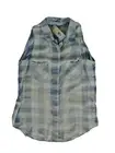 Kenneth Cole Reaction Womens Tunic Top Large Plaid Tencel Sleeveless Button Up