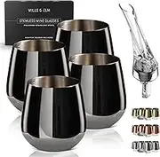 Wills and Elm Black Wine Glasses - Stemless Stainless Steel Wine Glasses Set of 4 with Aerator - Unbreakable Metal Glass for Outdoor, Travel, Camping, Pool - 18oz
