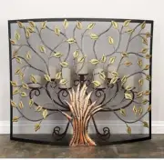 Rustic Tree of Life Fireplace Screen ~ 1-Panel Metal Mesh w/Gold Leaf Cut-Outs