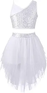 [Linjinx] Kids Girls 2 Pieces Lyrical Dance Outfits Sequins Crop Tops With Irregular Mesh Tutu Wrap Skirts Set Dancewear