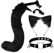 3Pcs Furry Animal Cat Fox Tail Faux Fur Wolf Ear Headband Leather Neck Chocker Costume Set for Party Christmas Cosplay (Black)