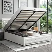 Oikiture Double Bed Frame with Storage Space Gas Lift Bed Mattress Base White