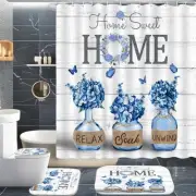 4 PCS Hydrangea Shower Curtain Sets,Home Sweet Bathroom Set with Shower Blue