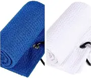 2Pcs Golf Towel for Golf Bags Microfiber Fabric Towel Bag with Clip Waffle Pattern Golf Accessories for Men Women Golf Ball Club Set(Blue+White)