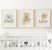 Baby Nursery Wall Art Prints Australian animals Koala, Kangaroo, wombat 3 set