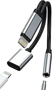 Lightning to 3.5mm Headphone Jack Adapter(2-in-1)for IPhone 14 13 Pro Max for Apple MFI Certified AUX Audio Cable Charger Splitter Lighting Headset Adaptor for Ipad Earphone Converter Car Accessories