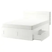 BRIMNES bed frame w storage and headboard, white, Queen