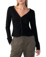 SANCTUARY Women's Blouse Top Wide Cuff V-Neck Knit Button-Front Black Size L NEW
