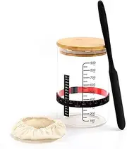 LKLKO Sourdough Starter Jar with Bamboo Cover or Stainless Steel Cover Sourdough Jar Glass Container, Large Wide Mouth Sour Dough Starter Jars for Beginners Starter Kit(Bamboo cover)