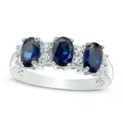 Oval Lab-Created Blue and White Sapphire Three Stone Ring in Solid 10K White Gold