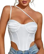 [Generic] Satin Corset Top Backless Bustier Zip Back Sexy One Shoulder Crop Tops for Women
