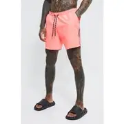 Mens Neon-Pink Mid Length Official Tape Swim Shorts