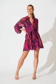 Women's Party Mica Dress Full Length Sleeve in multicolor Purple Watercolour Chiffon 8
